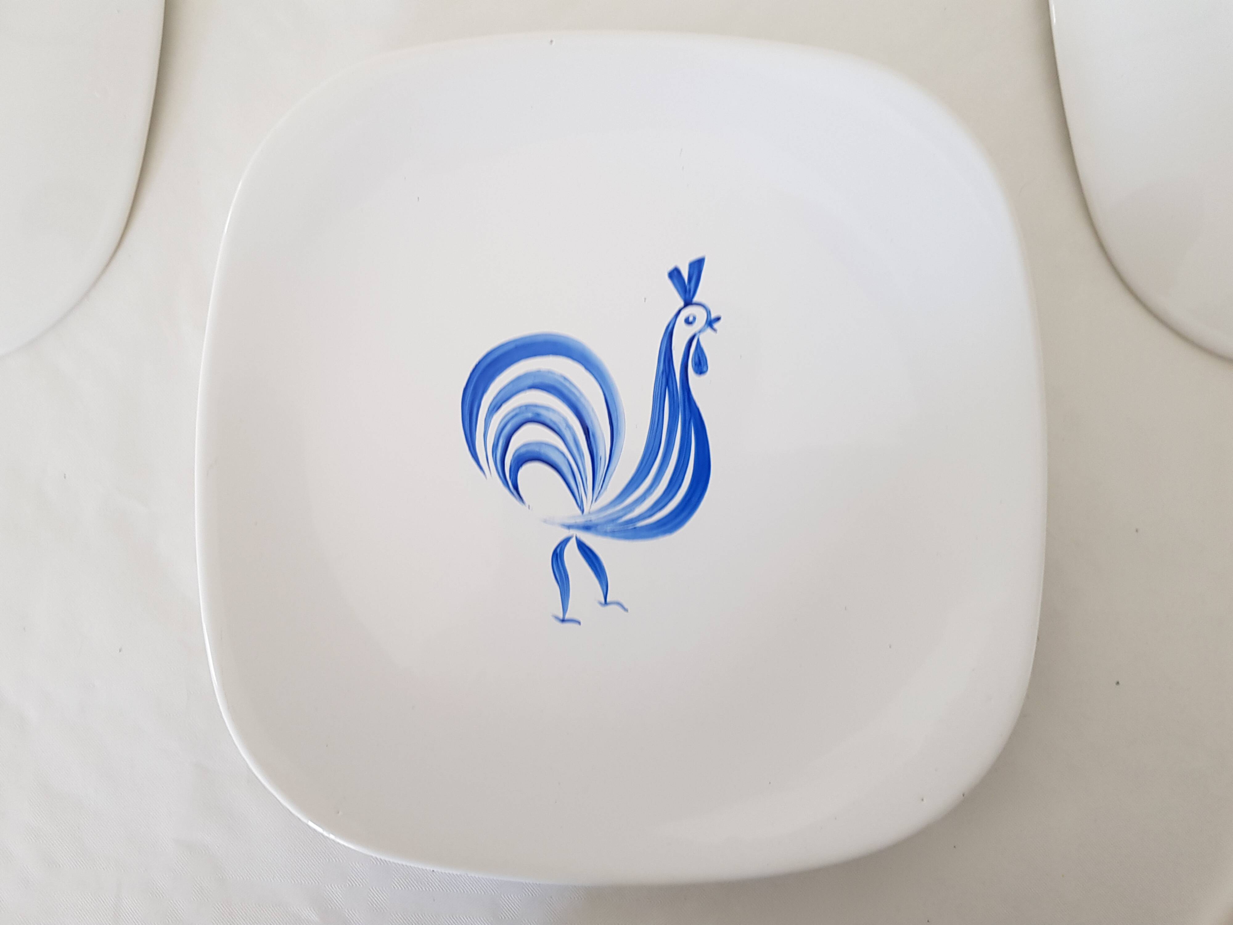 Set of 6 Longchamp dessert plates hand painted blue rooster