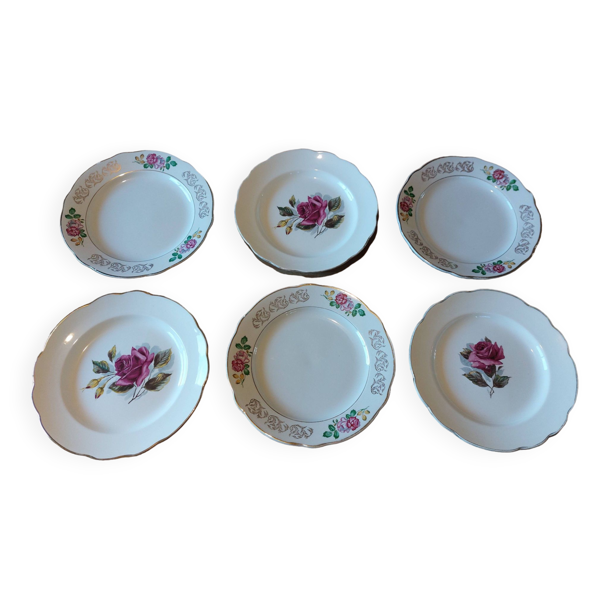 Mismatched set of 6 rose motif plates