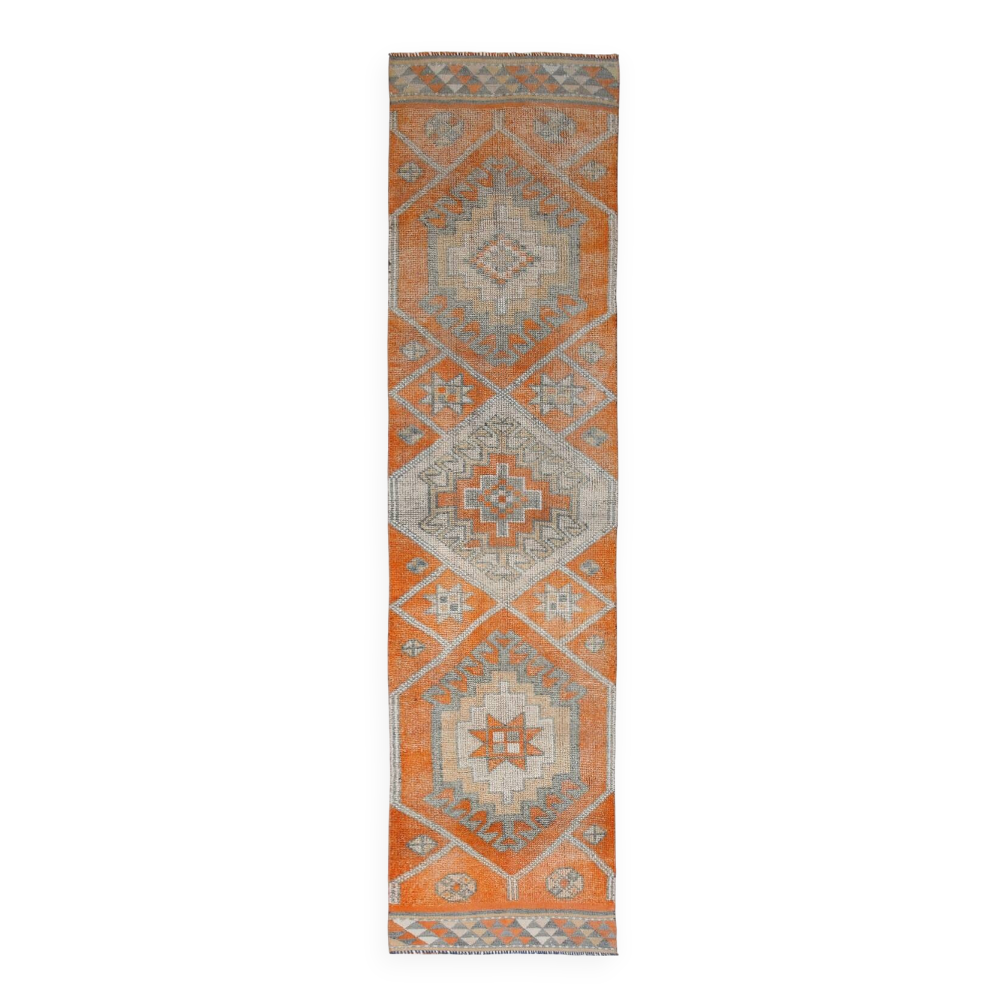 Pumpkin Orange & Grey Turkish Vintage Runner Rug, 86x356 Cm