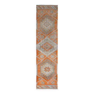 Pumpkin Orange & Grey Turkish Vintage Runner Rug, 86x356 Cm