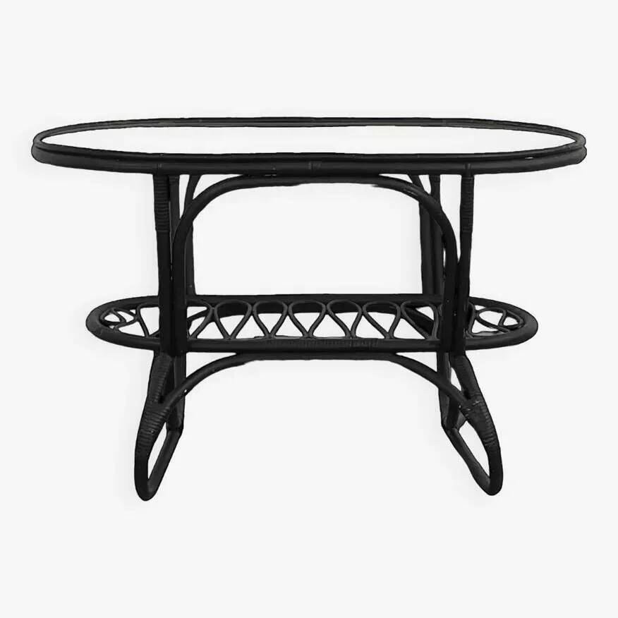 Black rattan and glass coffee table