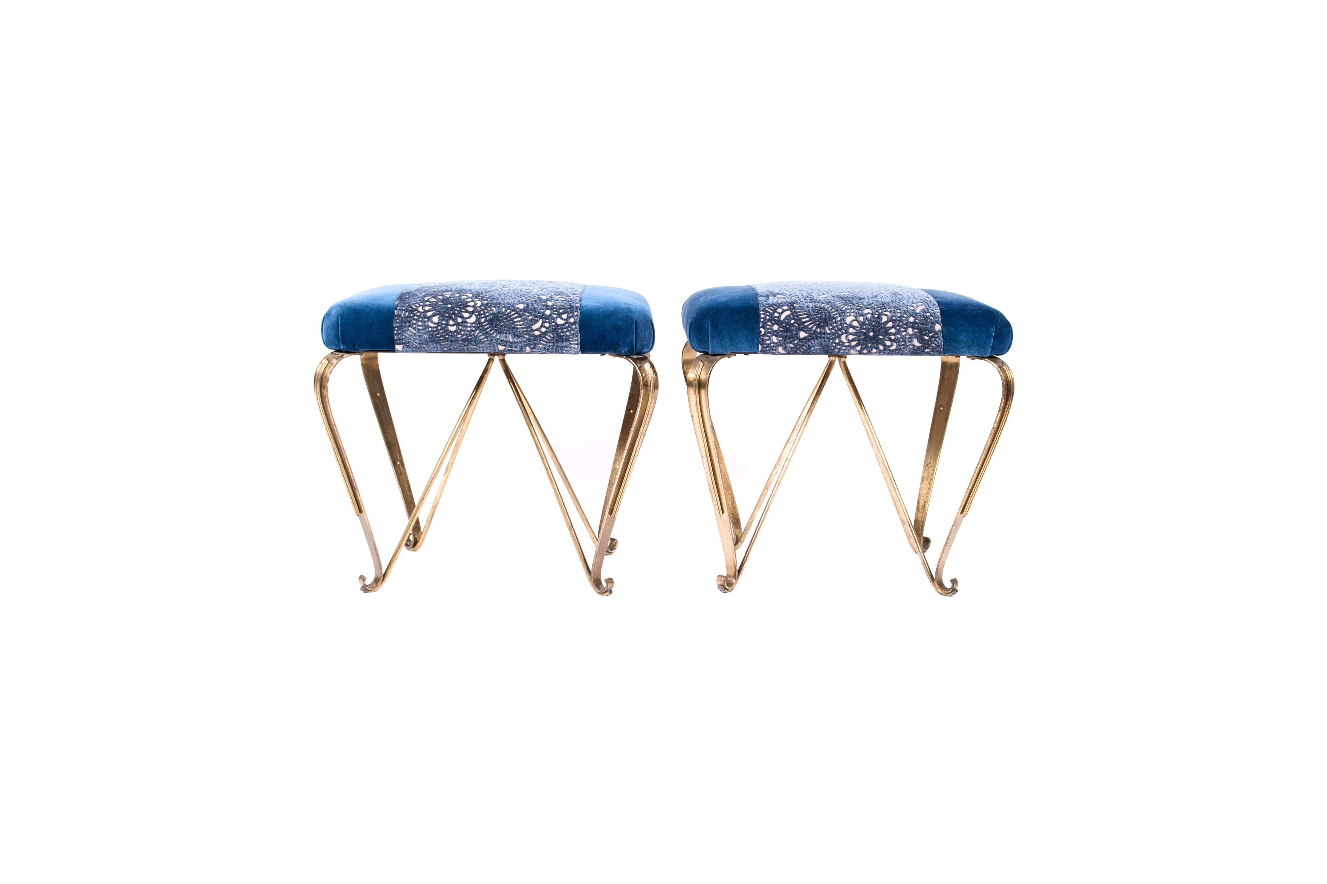 Pair of vintage brass and blue velvet feet rest