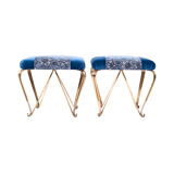 Pair of vintage brass and blue velvet feet rest