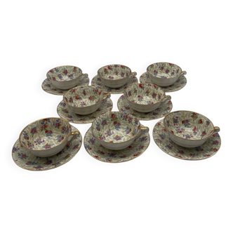 Service of 8 coffee cups in Limoges France porcelain with floral and gold pattern