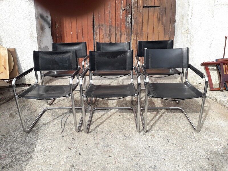 6 Bauhaus armchairs steel and leather / design