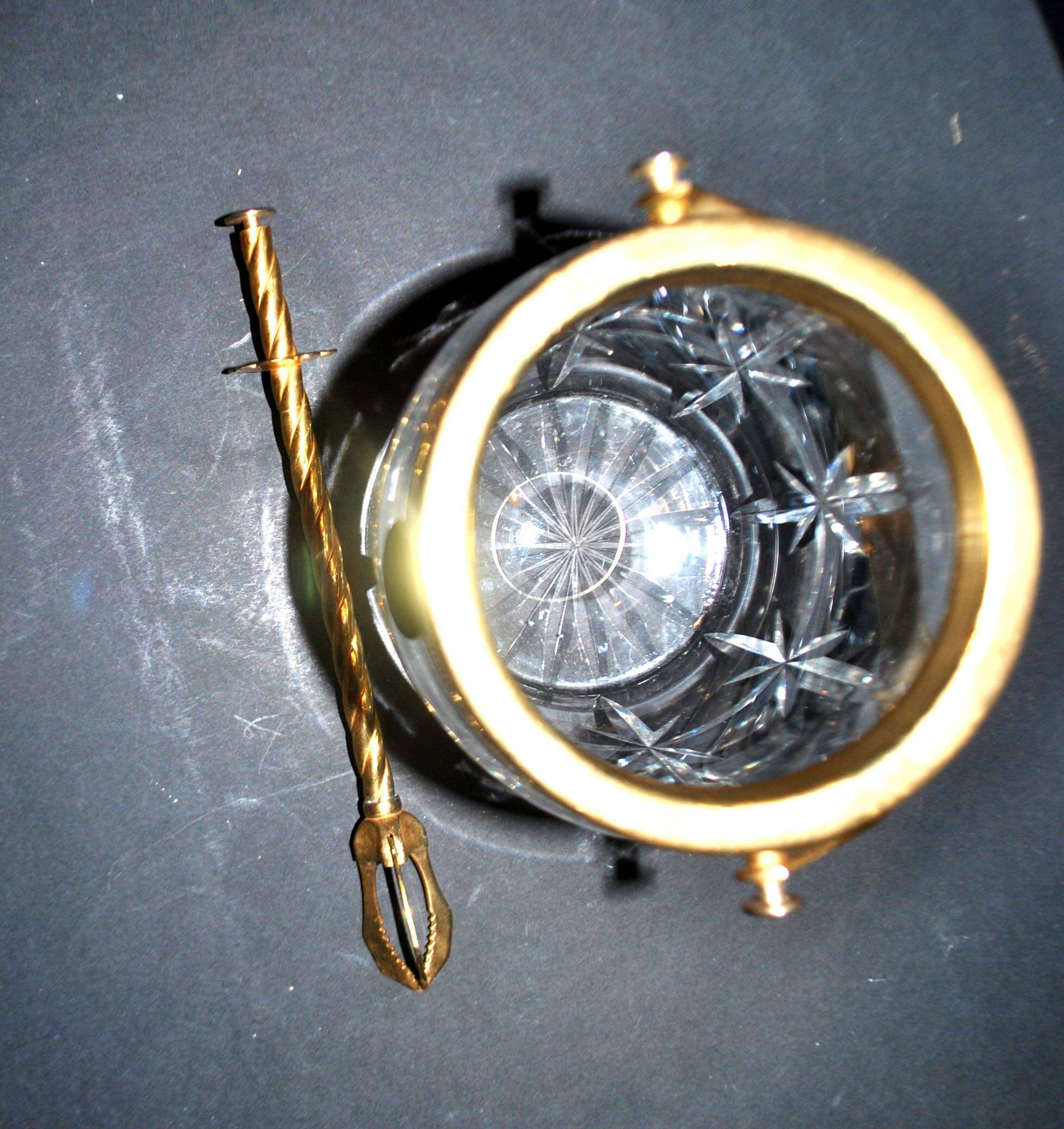 Vintage gold cut crystal ice bucket - ice cube pot + tongs CRISTAL AG