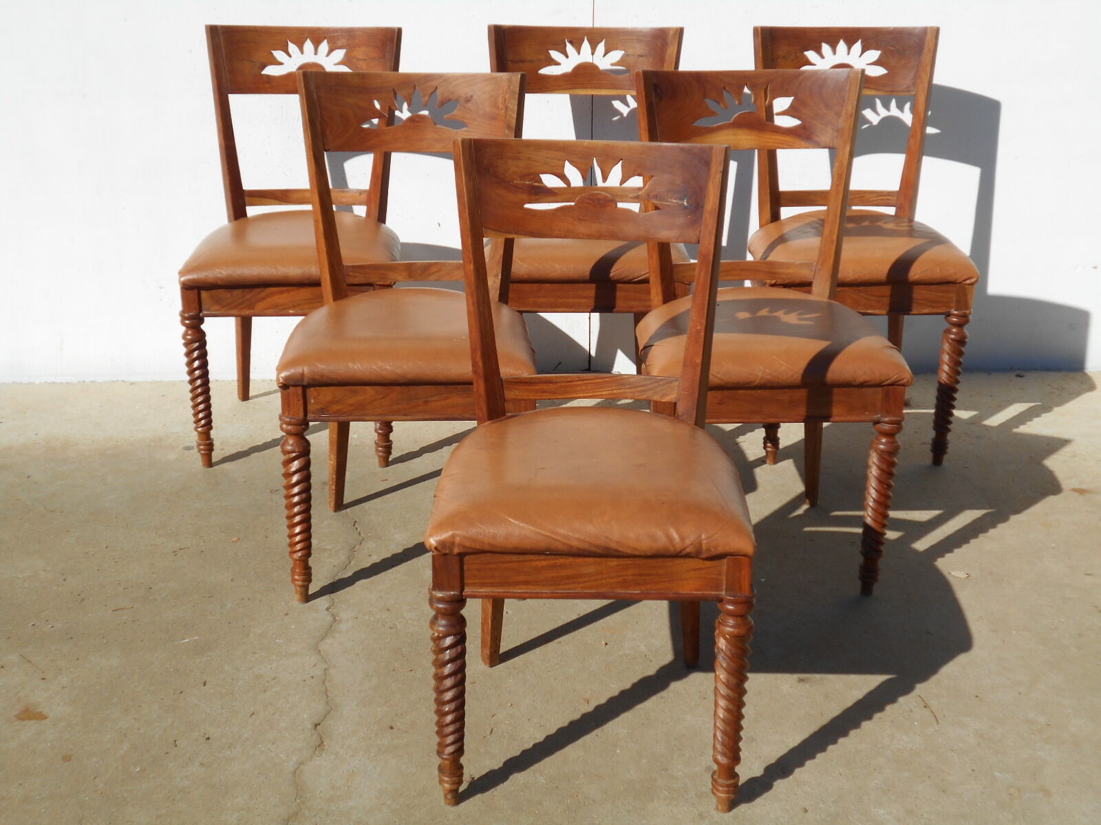 6 exotic wood and leather chairs,