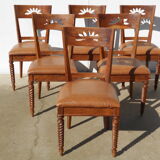 6 exotic wood and leather chairs,