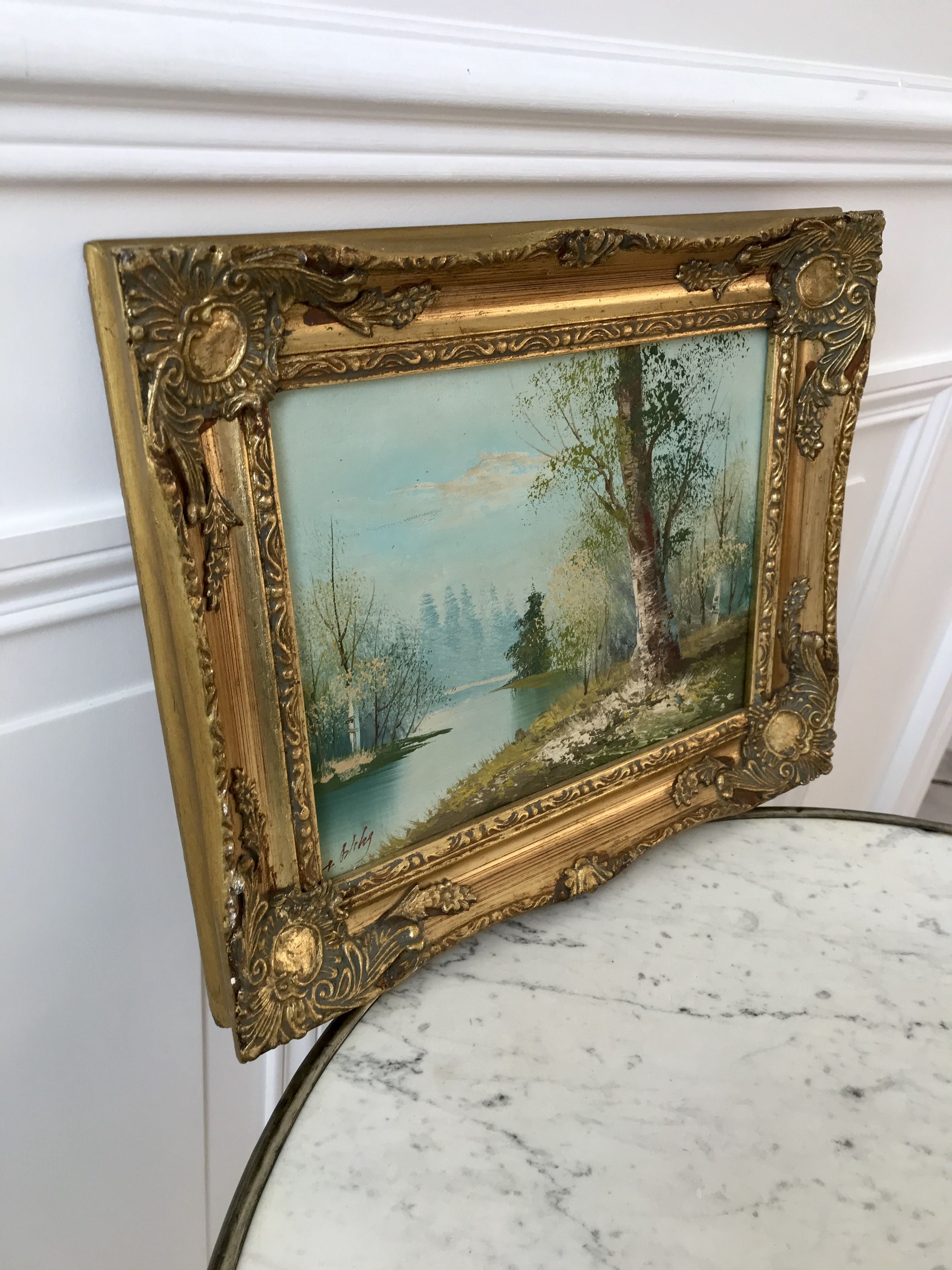 painting oil on canvas landscape river and forest frame wood signed years 40-50