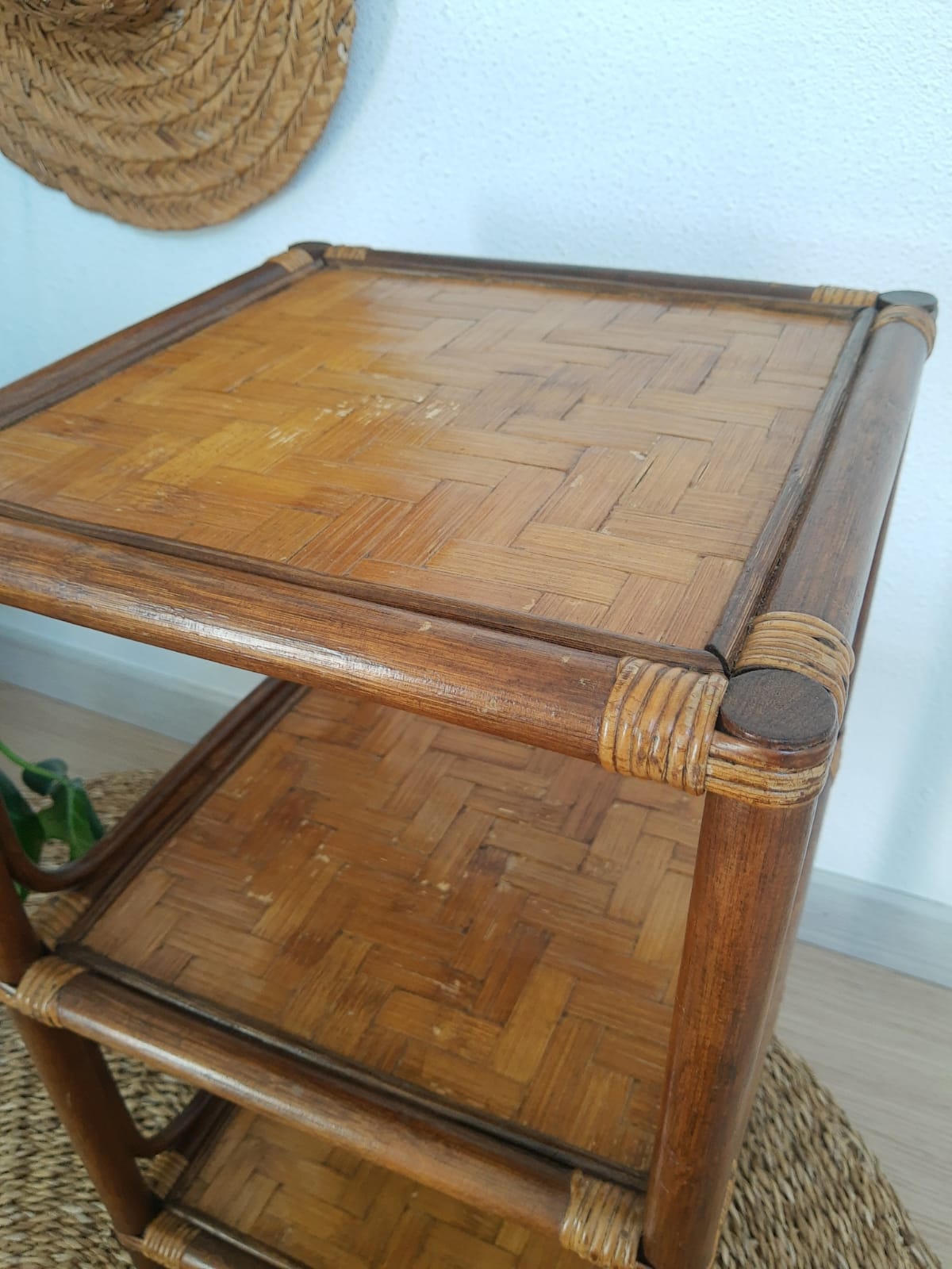 3-tier rattan and bamboo shelf from the 70s vintage