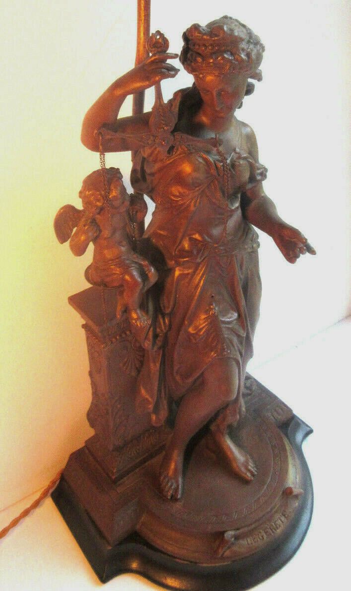 Lamp foot, metal sculpture statue: Woman and angelot "Lightness", Napoleon III