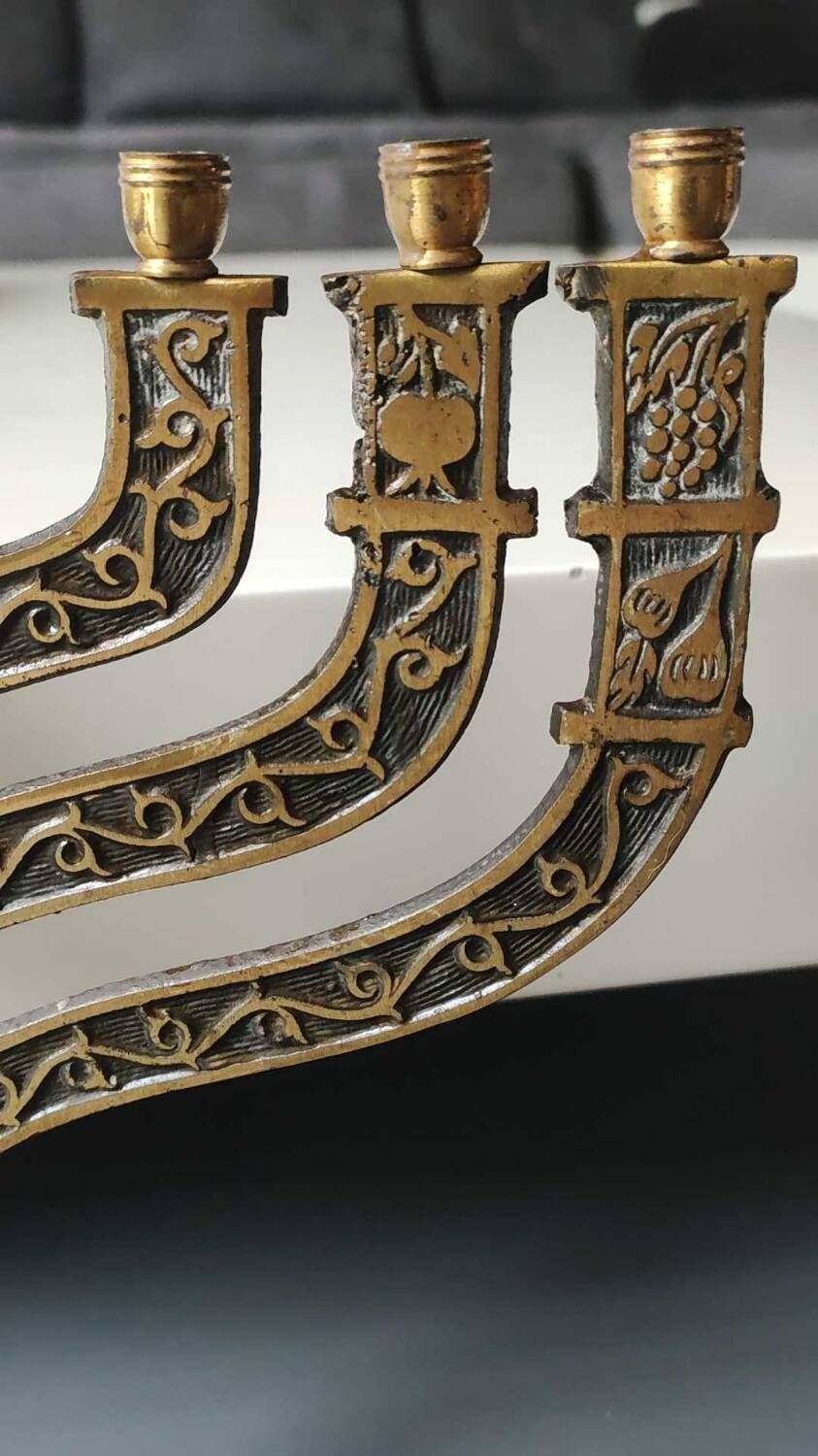 Old Large Menorah/Jewish/Hebrew Candlestick with 7 lights. Signed "Israel". 1950s. Size 23 x 24 cm