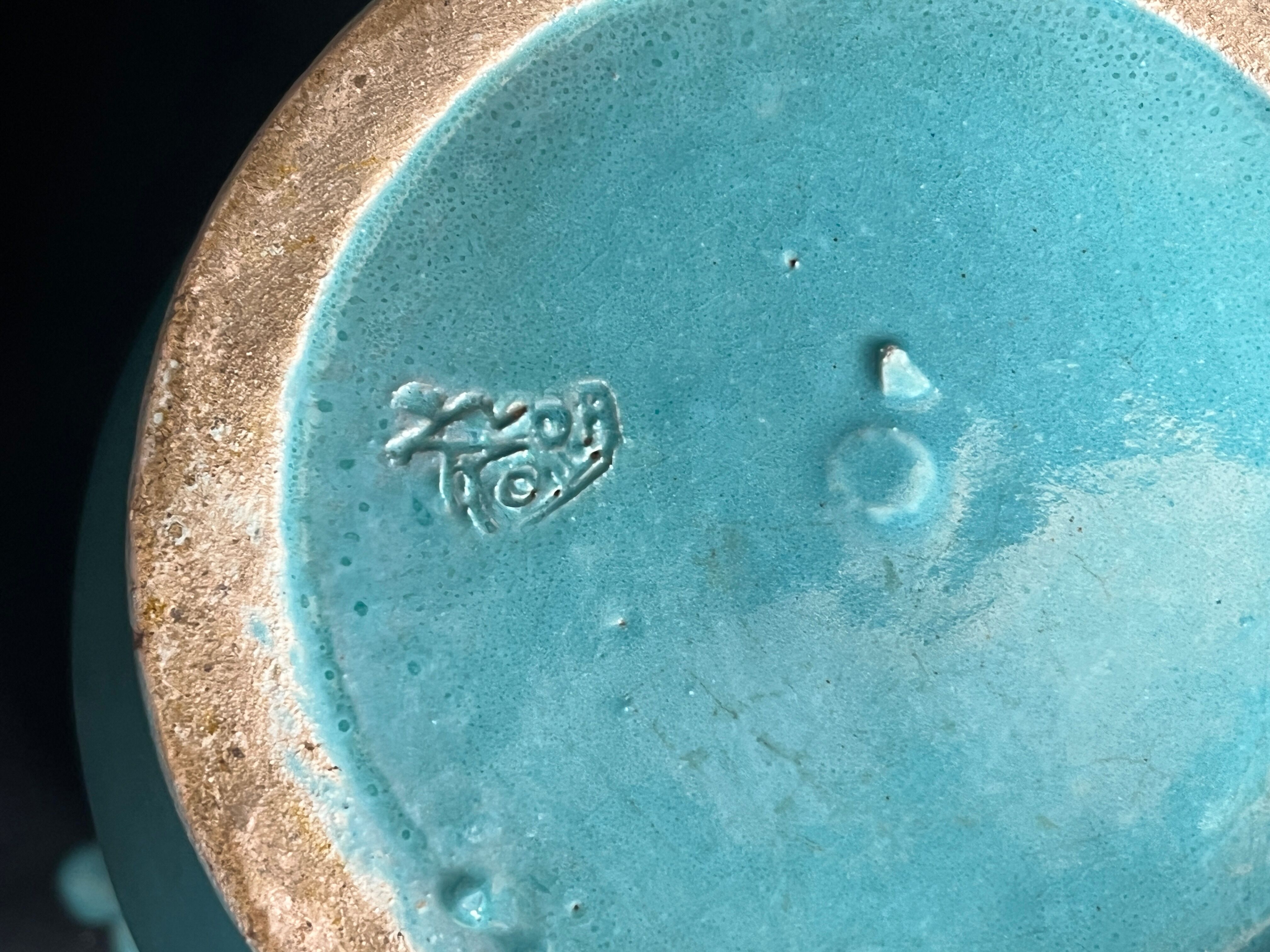Turquoise ceramic cache pot signed Yvon Roy circa 1950