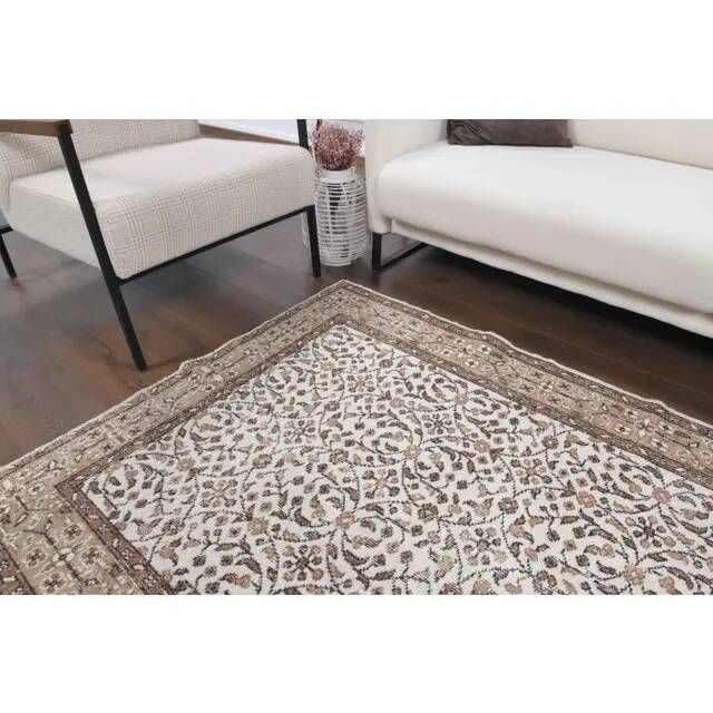 Vintage Turkish Oushak Handmade Wool Cotton White Area Rug 119x202