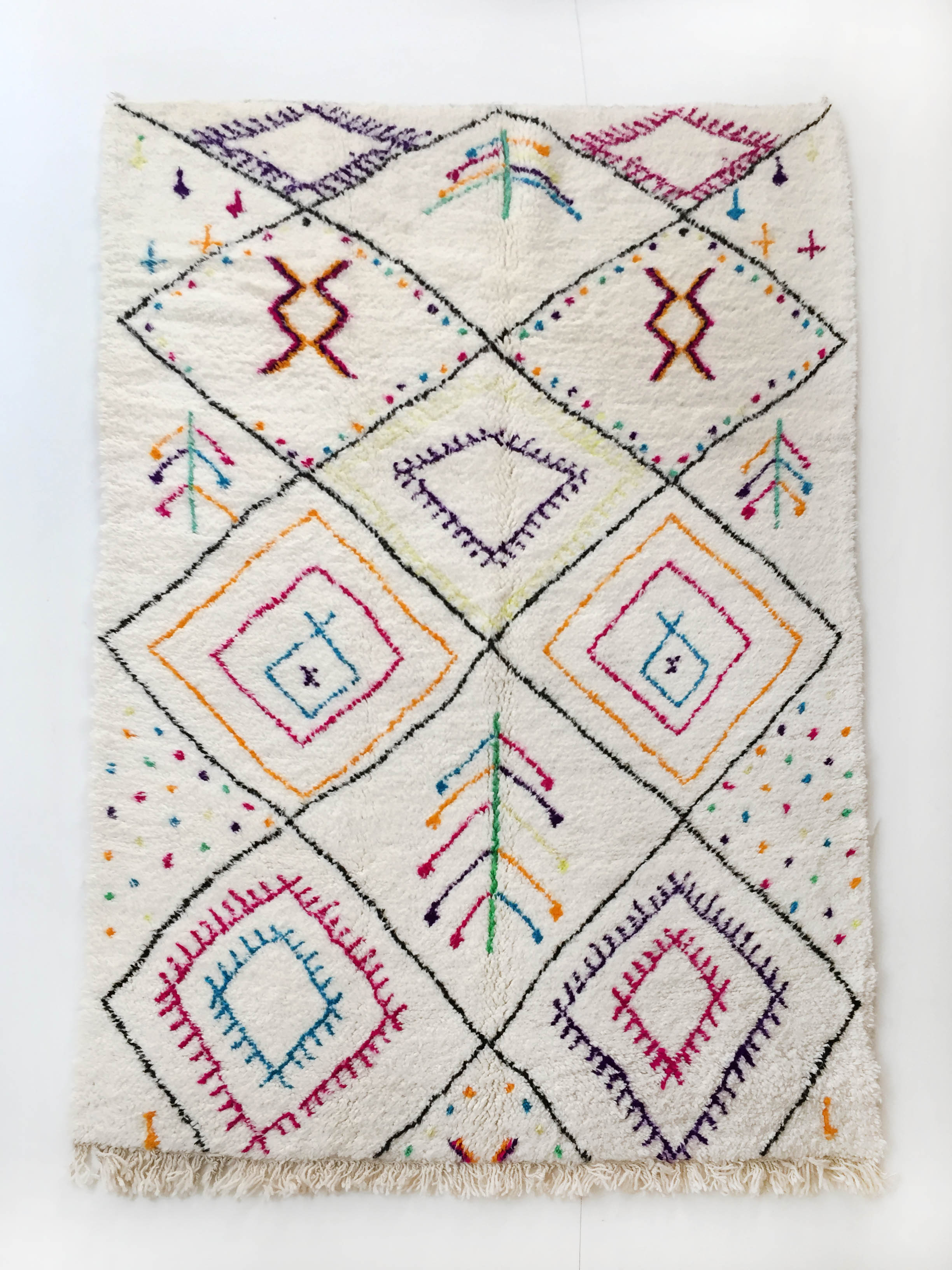 Moroccan Berber carpet azilal ecru with black diamonds and colorful patterns 255x159cm