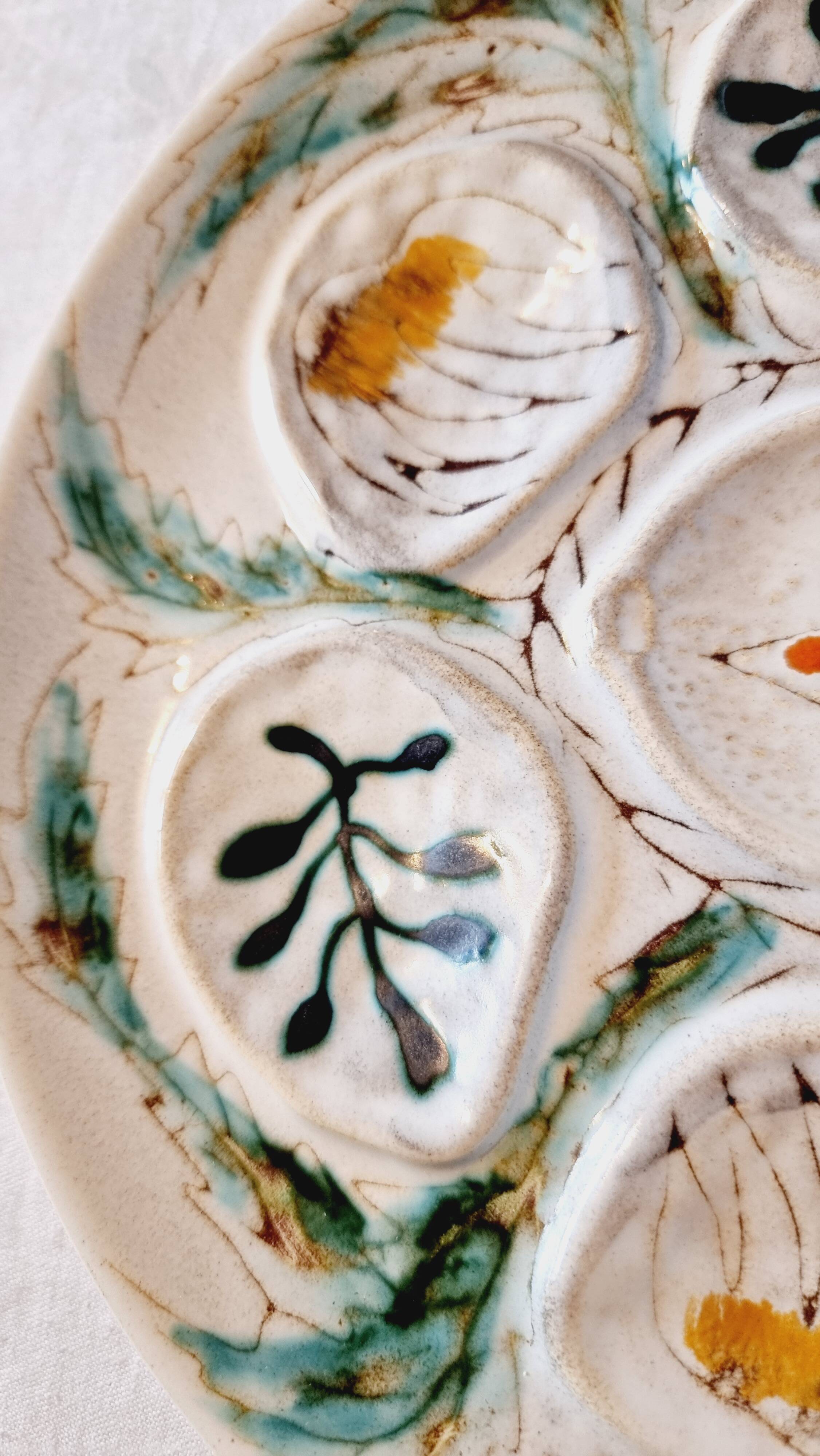 Interesting French porcelain oyster dish MBFA Pornic hand-painted marine M.