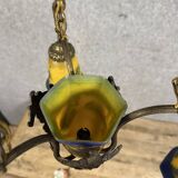 After Muller: Art Nouveau bronze and glass paste chandelier