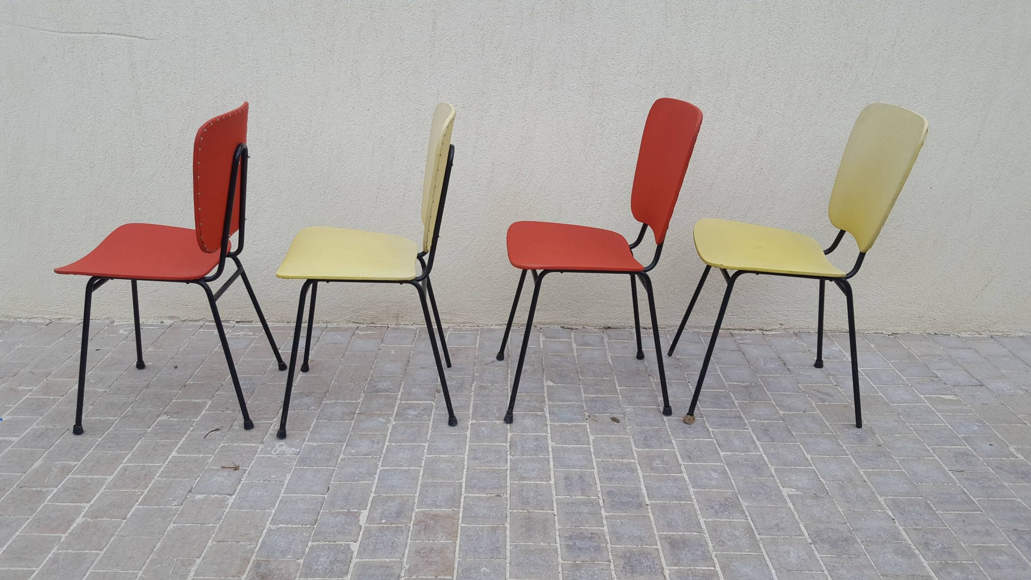 4 vintage metal tubular feet chairs, vinyl seating, skai