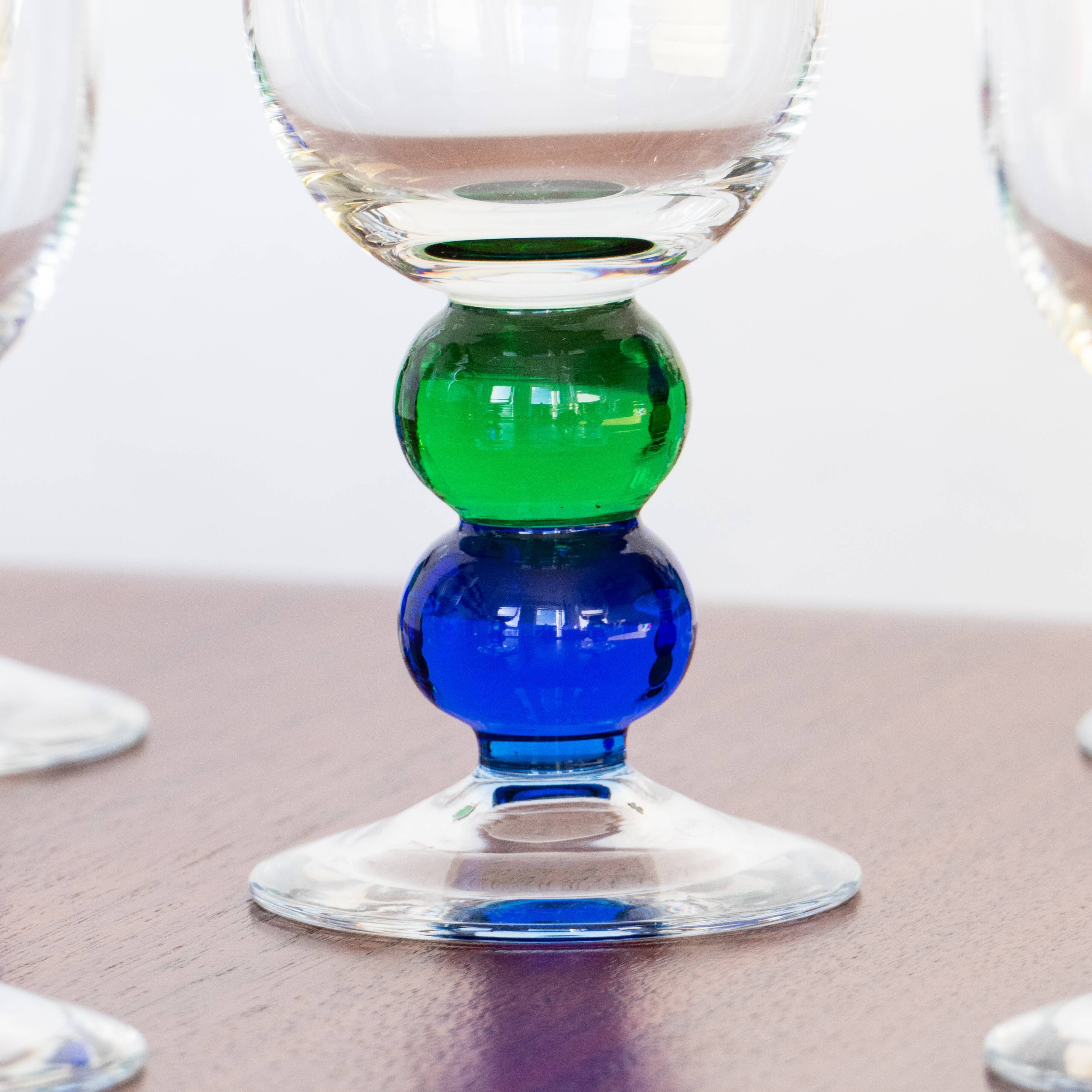 6 vintage crystal stemmed glasses, green and blue bubble foot