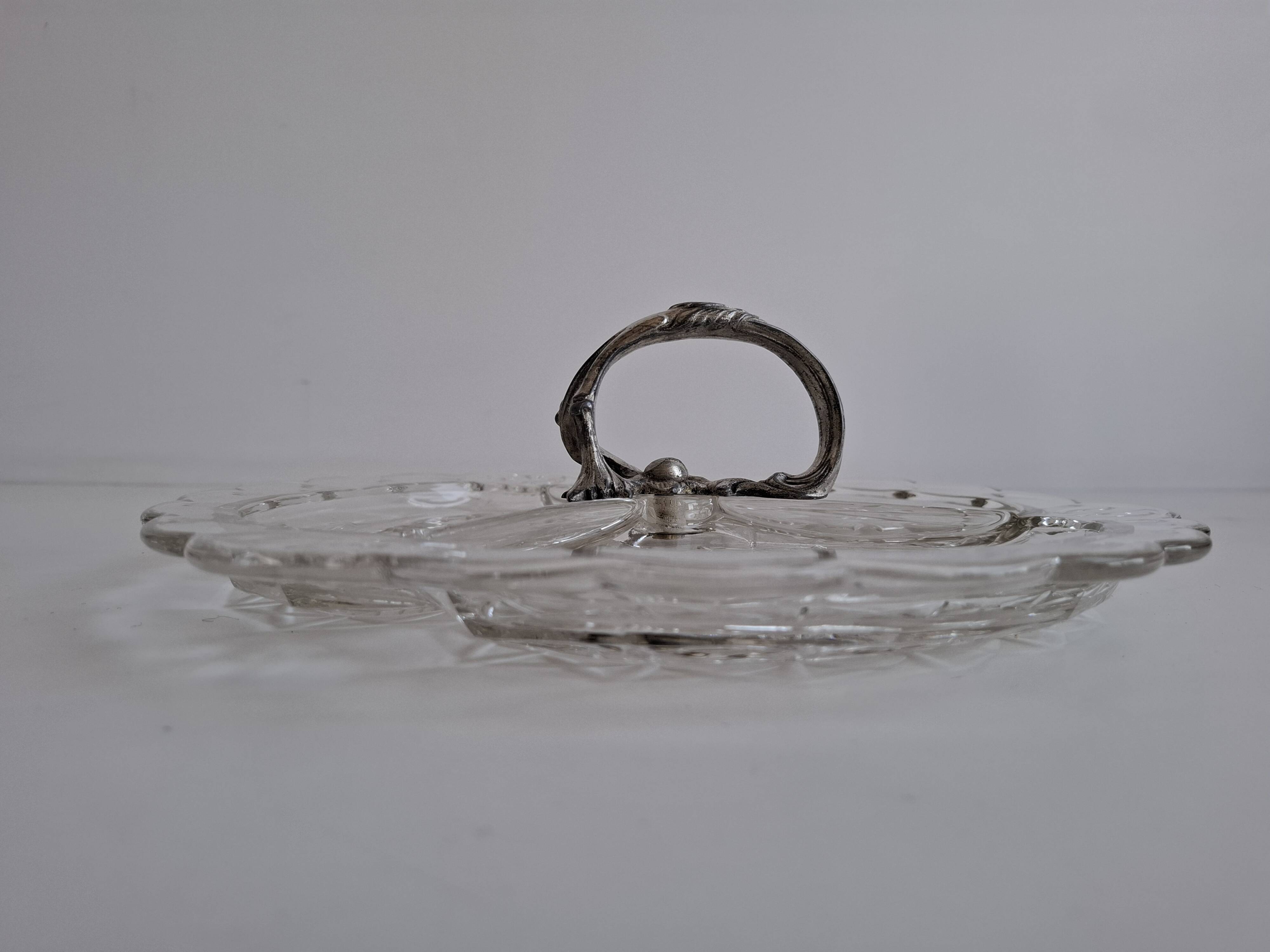 Art Deco Pressed Glass Divided Serving Dish with Alpaca Handle, 1930