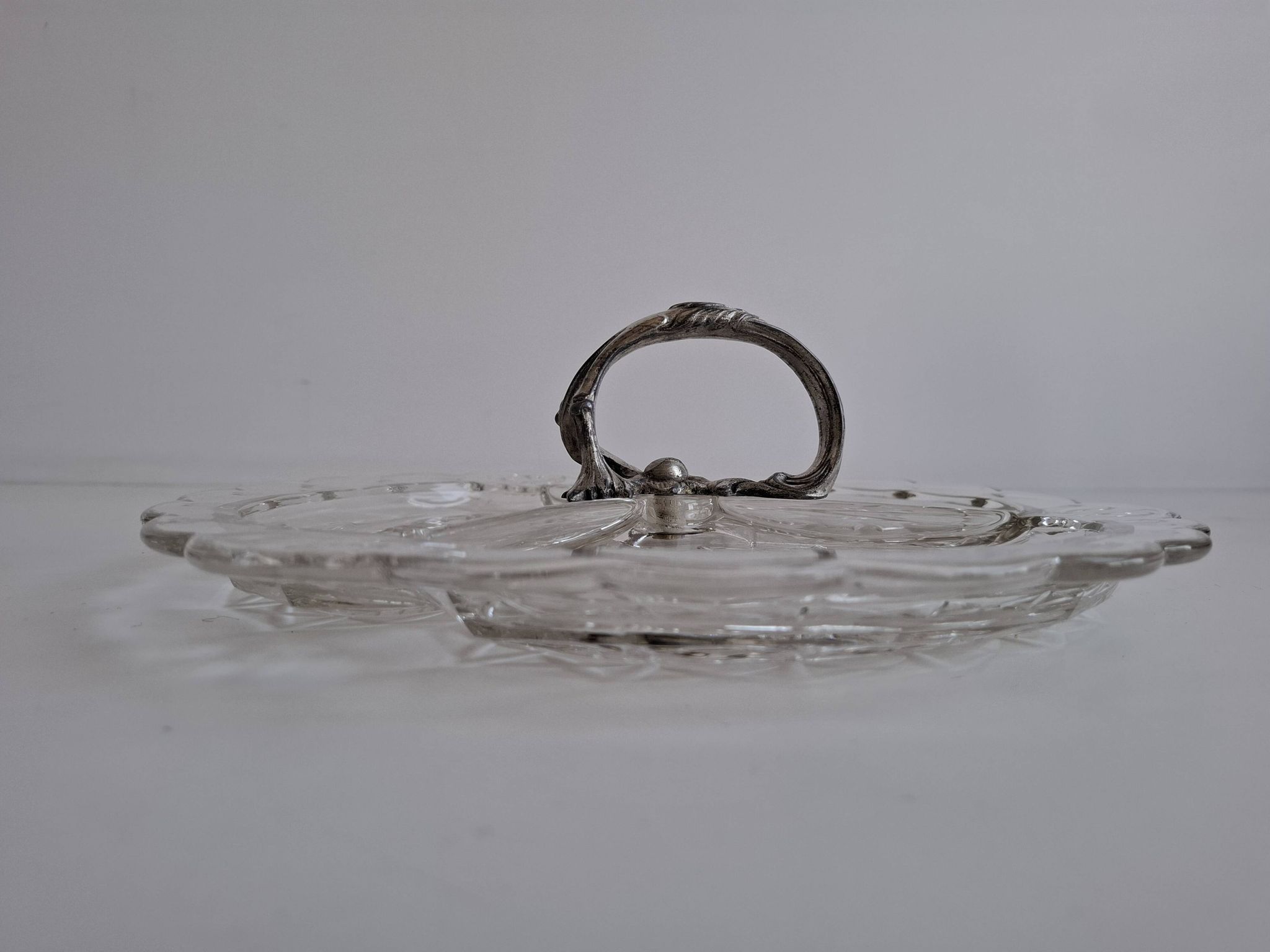 Art Deco Pressed Glass Divided Serving Dish with Alpaca Handle, 1930