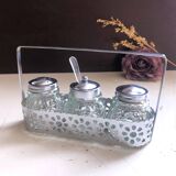 4-piece salt shaker, pepper and mustard set with spoon in stainless steel basket