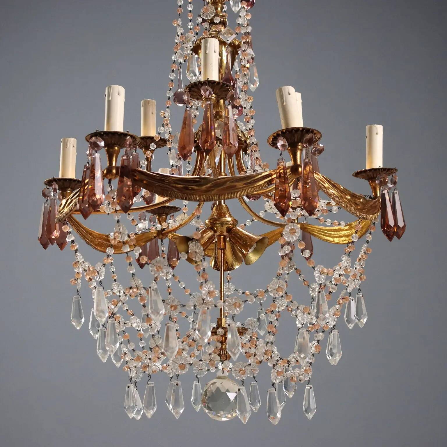 Lustre ancien en bronze et cristal 12 lumières Italie XX Century