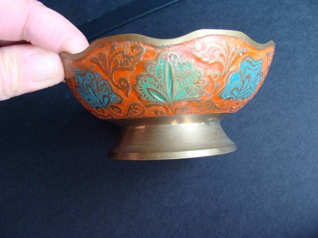 Peacock enameled brass bowl