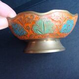 Peacock enameled brass bowl