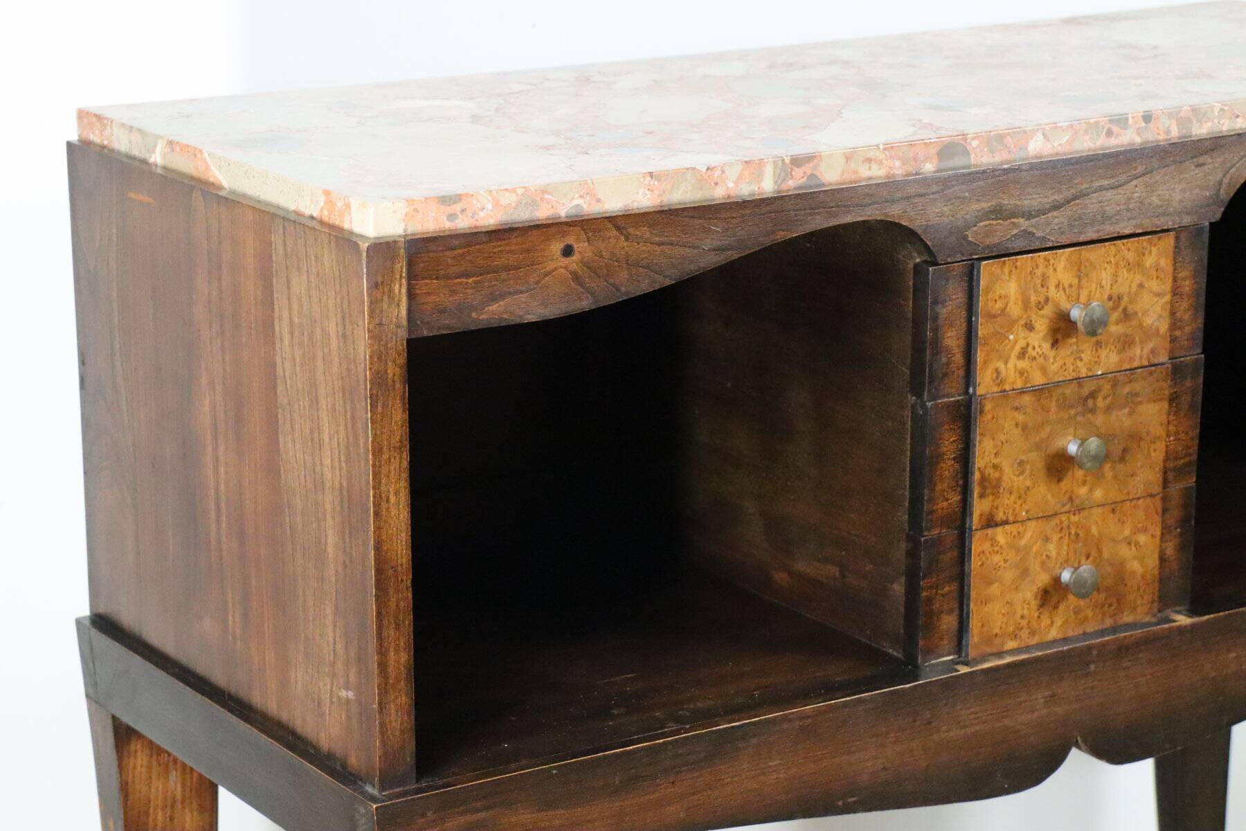 Vintage wooden and marble console table – classic style curved legs, 1950s