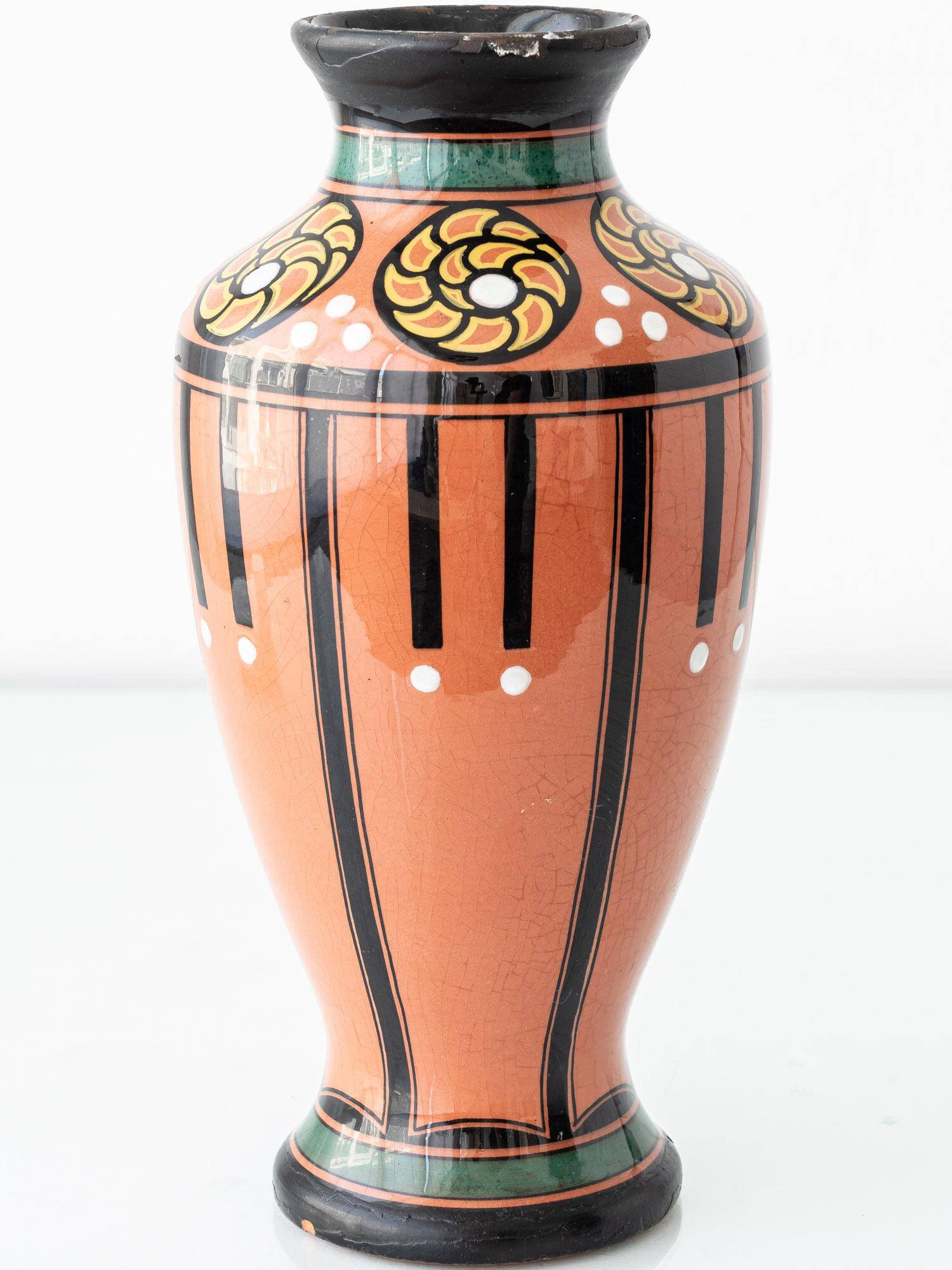 Pair of Dutch Art Deco vases, hand-painted Gouda-style ceramic with bold glazing.