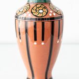 Pair of Dutch Art Deco vases, hand-painted Gouda-style ceramic with bold glazing.