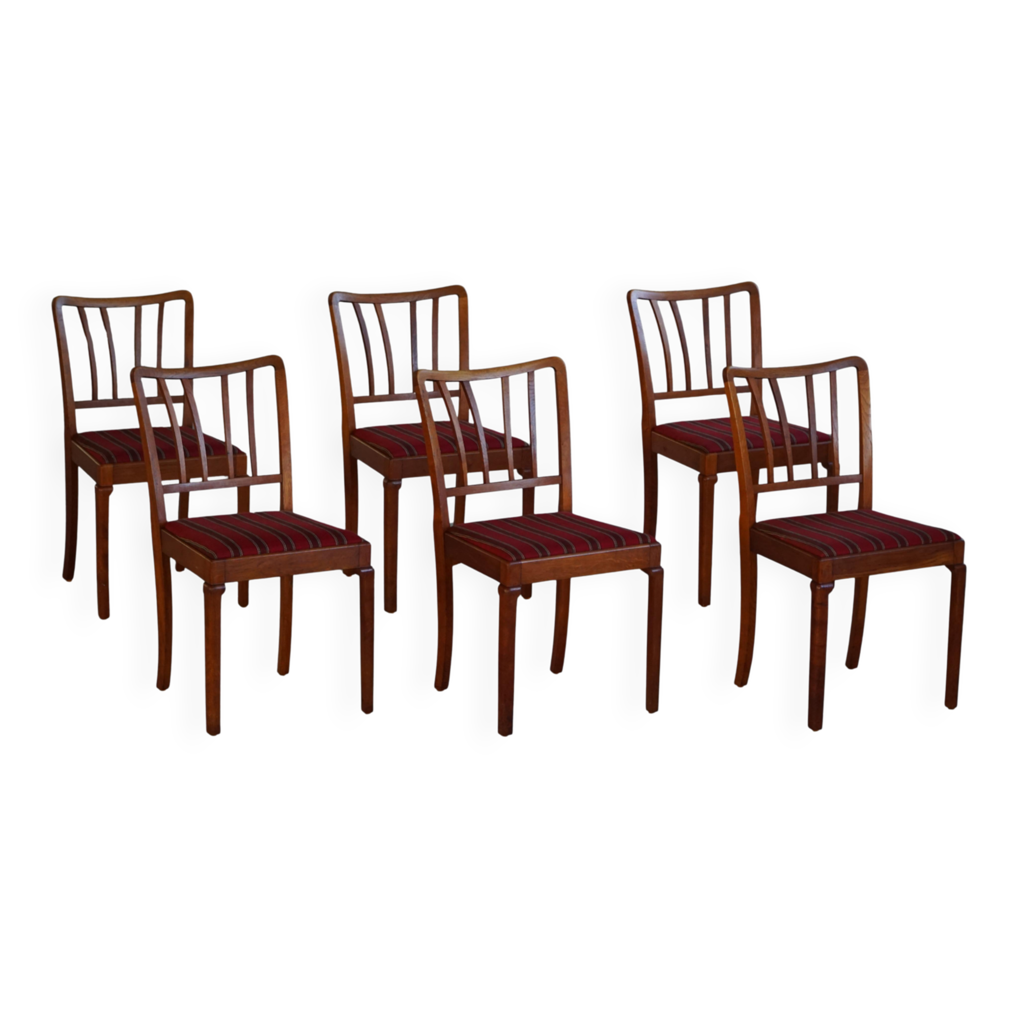 Set of 6 classic modern Danish dining chairs, in oak with upholstered seats, 1950s.