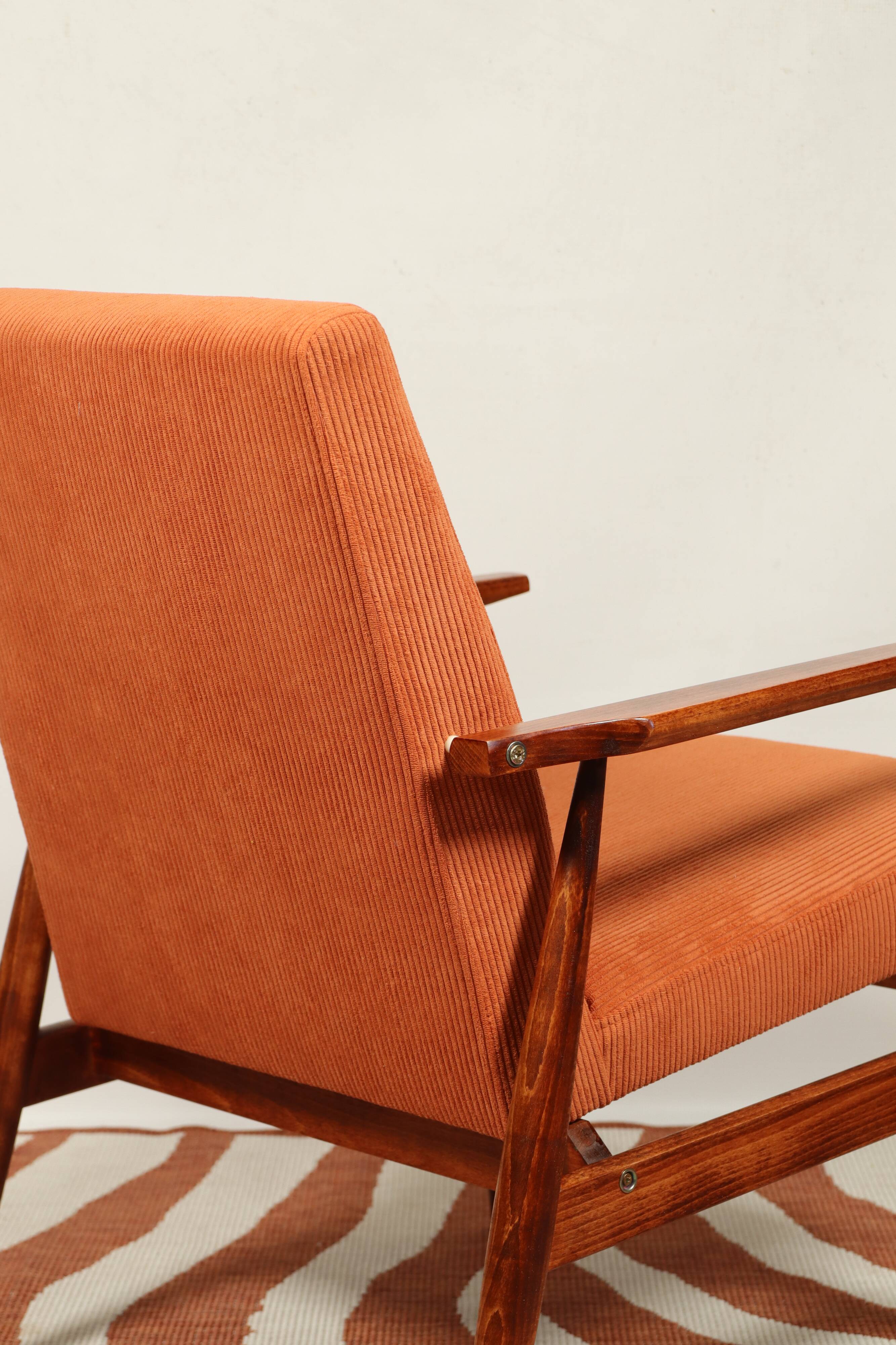 Vintage armchair orange burt corduroy upholstery , Henryk Lis, 1960, Poland