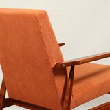 Vintage armchair orange burt corduroy upholstery , Henryk Lis, 1960, Poland