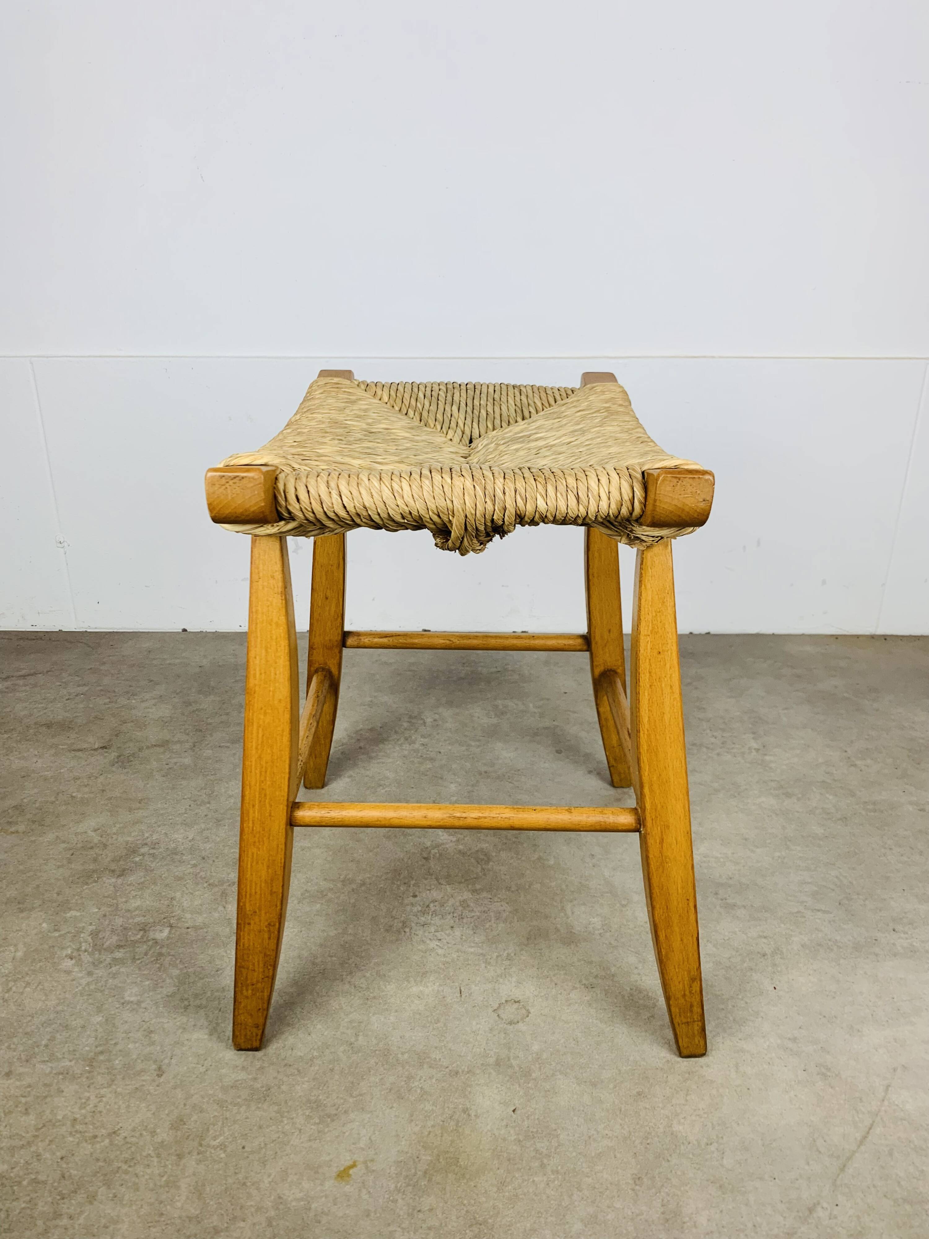 Bull stool straw and wood, Swiss design, 1950s