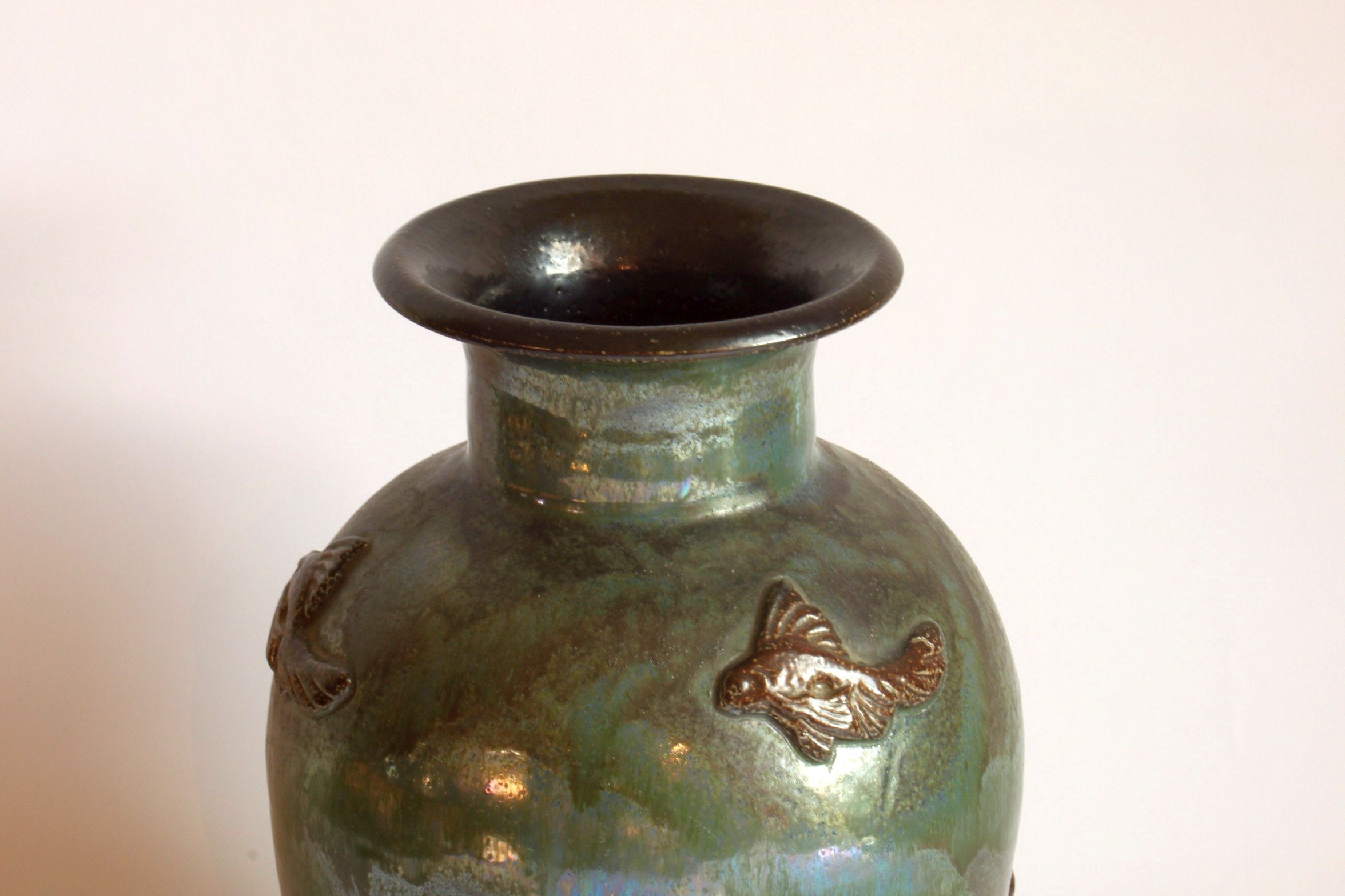 Art Deco Stoneware Vase with Fish Reliëf by Roger Guerin, Belgium, 1920s