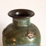 Art Deco Stoneware Vase with Fish Reliëf by Roger Guerin, Belgium, 1920s