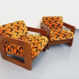 Pair of vintage walnut and velvet fabric sleigh armchairs from the 70s