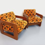 Pair of vintage walnut and velvet fabric sleigh armchairs from the 70s