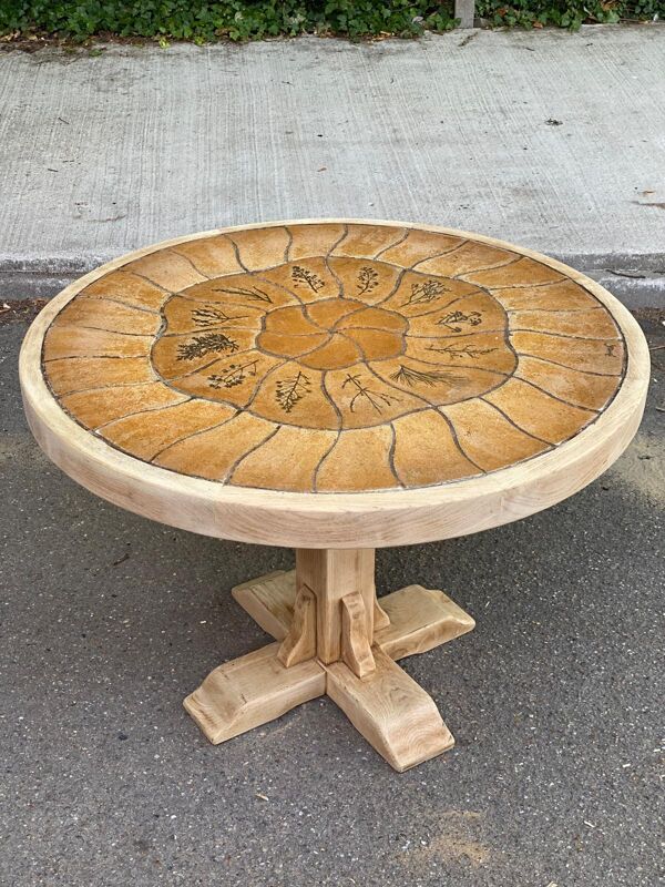 Table à manger Barrois vintage rénovée avec 2 bancs en chêne massif
