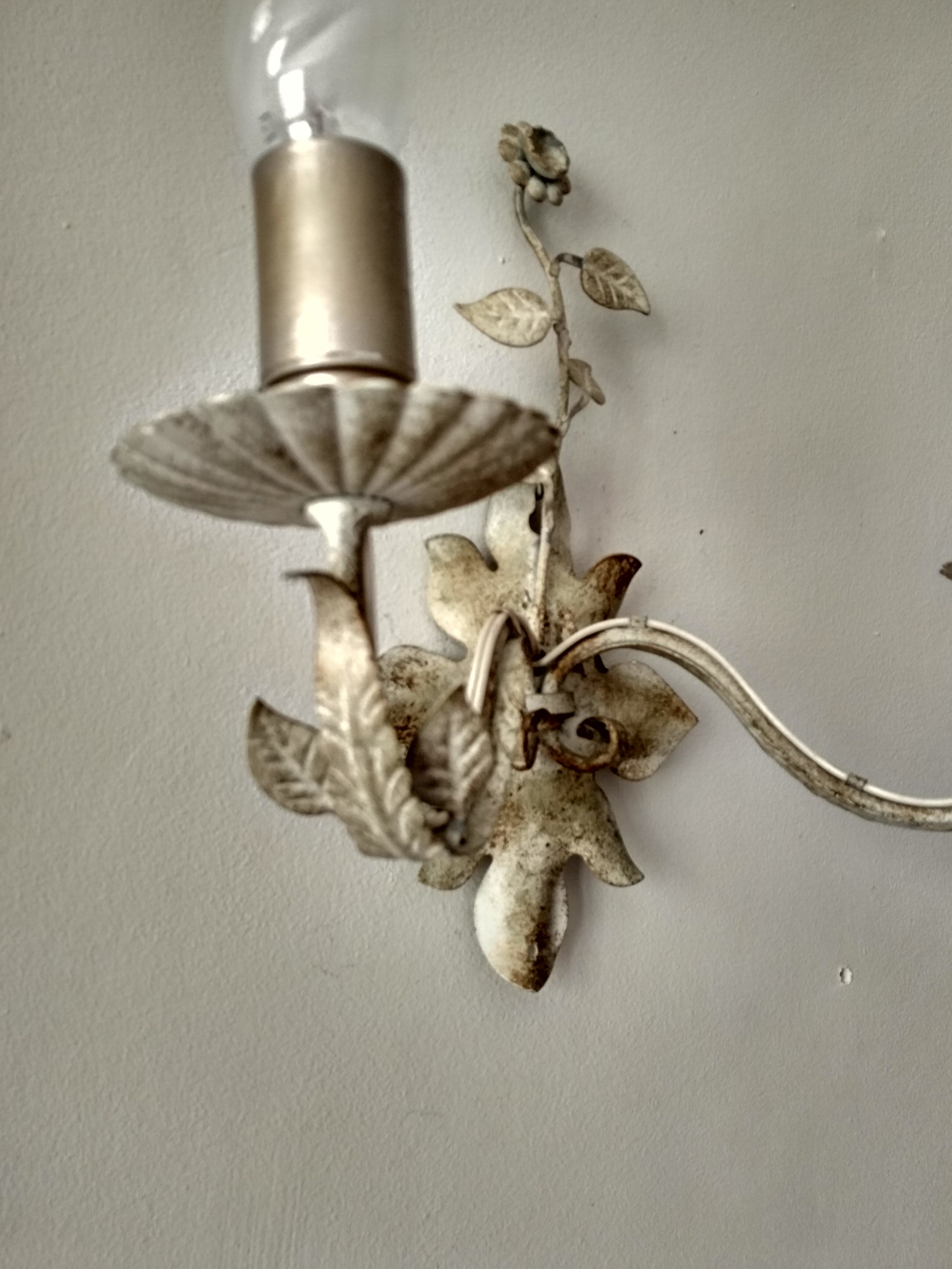 White glazed metal wall light with leaf and flower decor, 2 lights