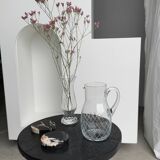Glass carafe with handle with etched geometric grid pattern