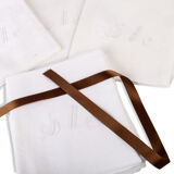 12 Serviettes de tables anciennes Damas à décor fleuri et géométrique monogramme SL. Linge de Table french antique