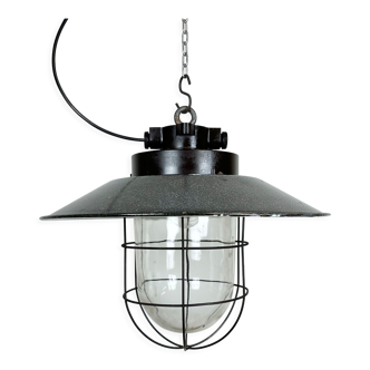 Industrial grey enamel factory hanging cage lamp, 1960s