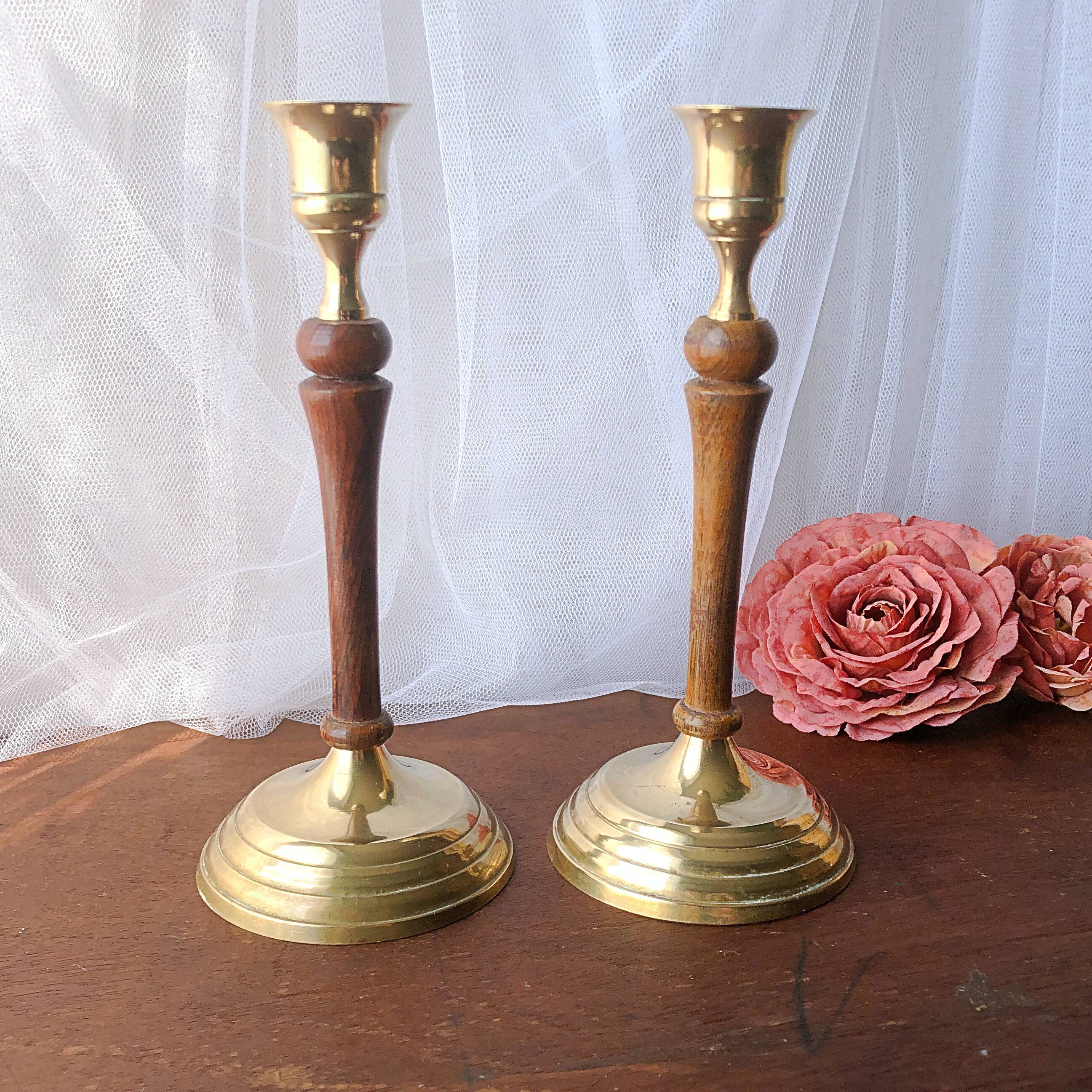 Pair of gilded brass and vintage Indian wood candlesticks