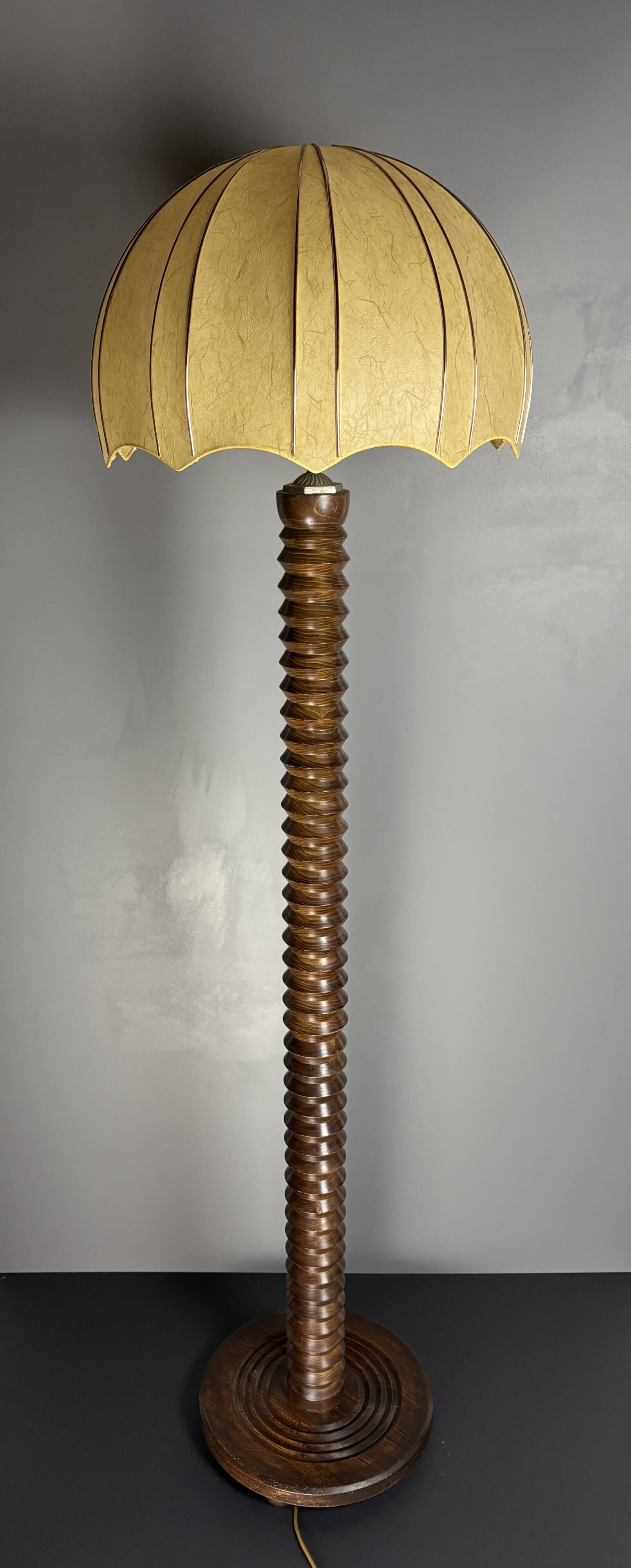 Brutalist midcentury wood turned cocoon floor lamp