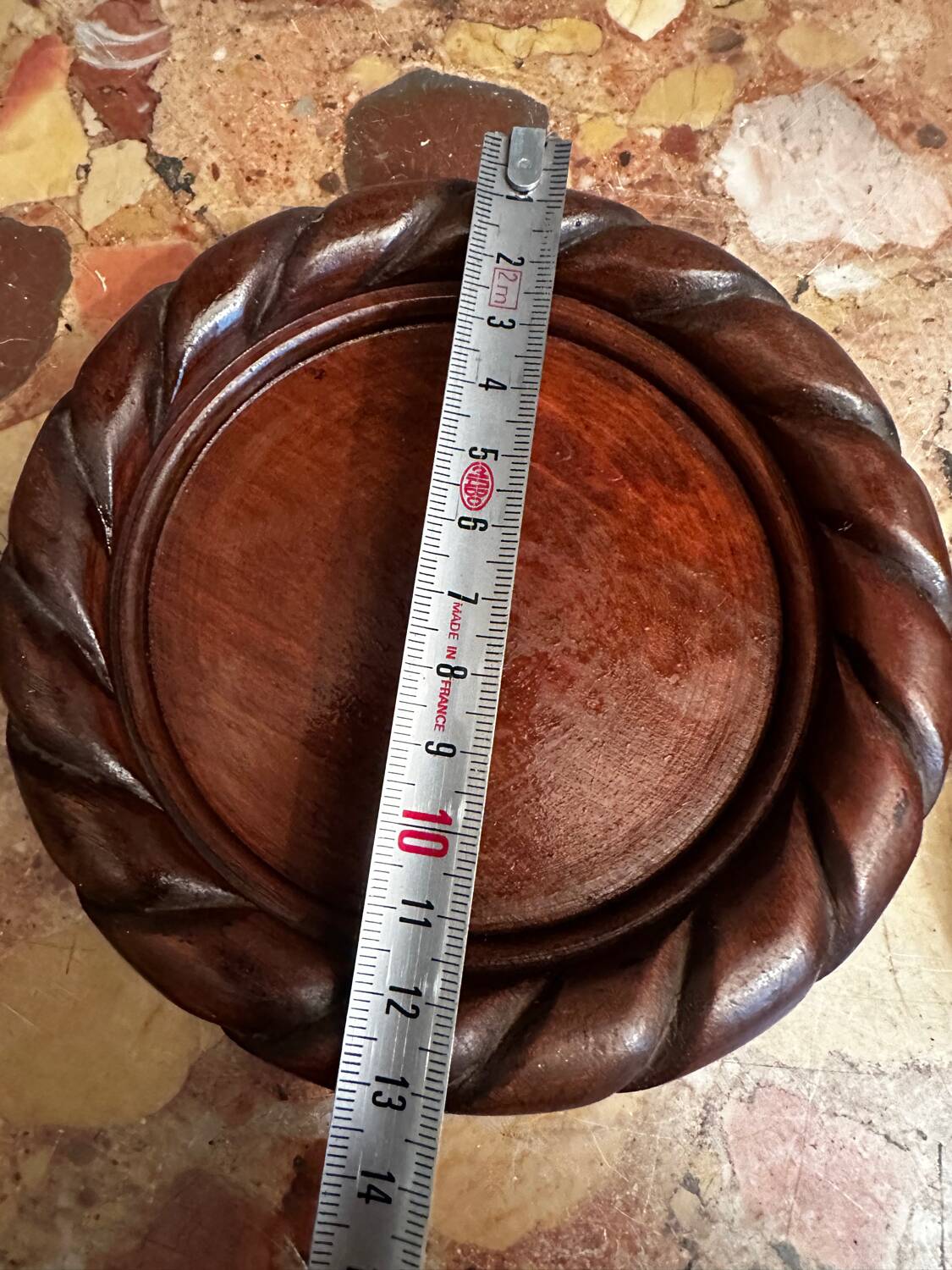 Pair of turned and carved wooden bottle coasters from the 1950s.