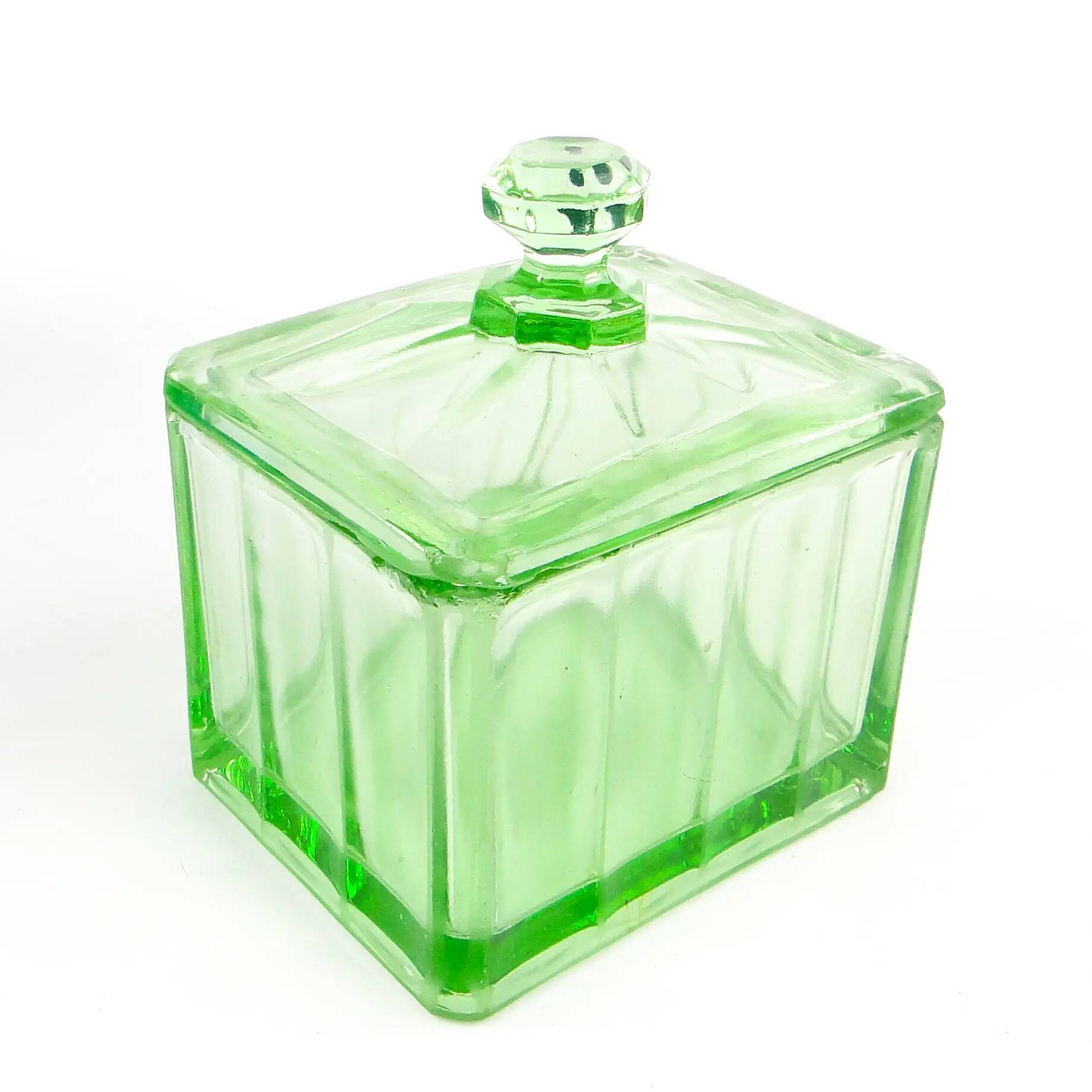 Beurrier Art Déco, verre pressé turquoise, Hortensja Glassworks, Pologne, années 1930
