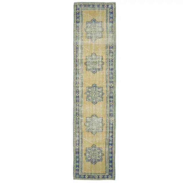 Vintage Turkish hand-knotted wool cotton yellow runner 78x340